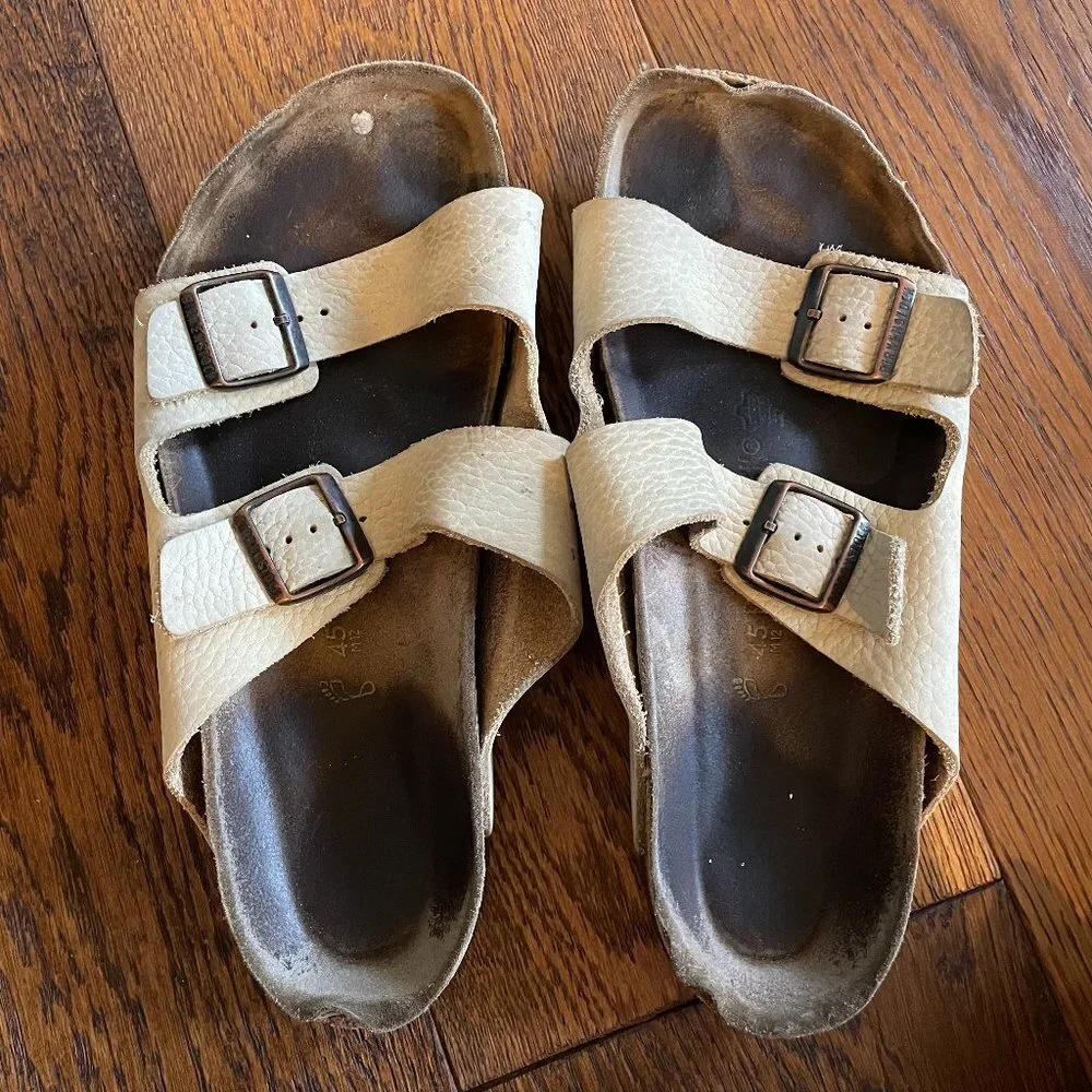 Mens Birkenstock Arizona Cream Pebbled Leather Sandals 45 12 Germany 2 Strap